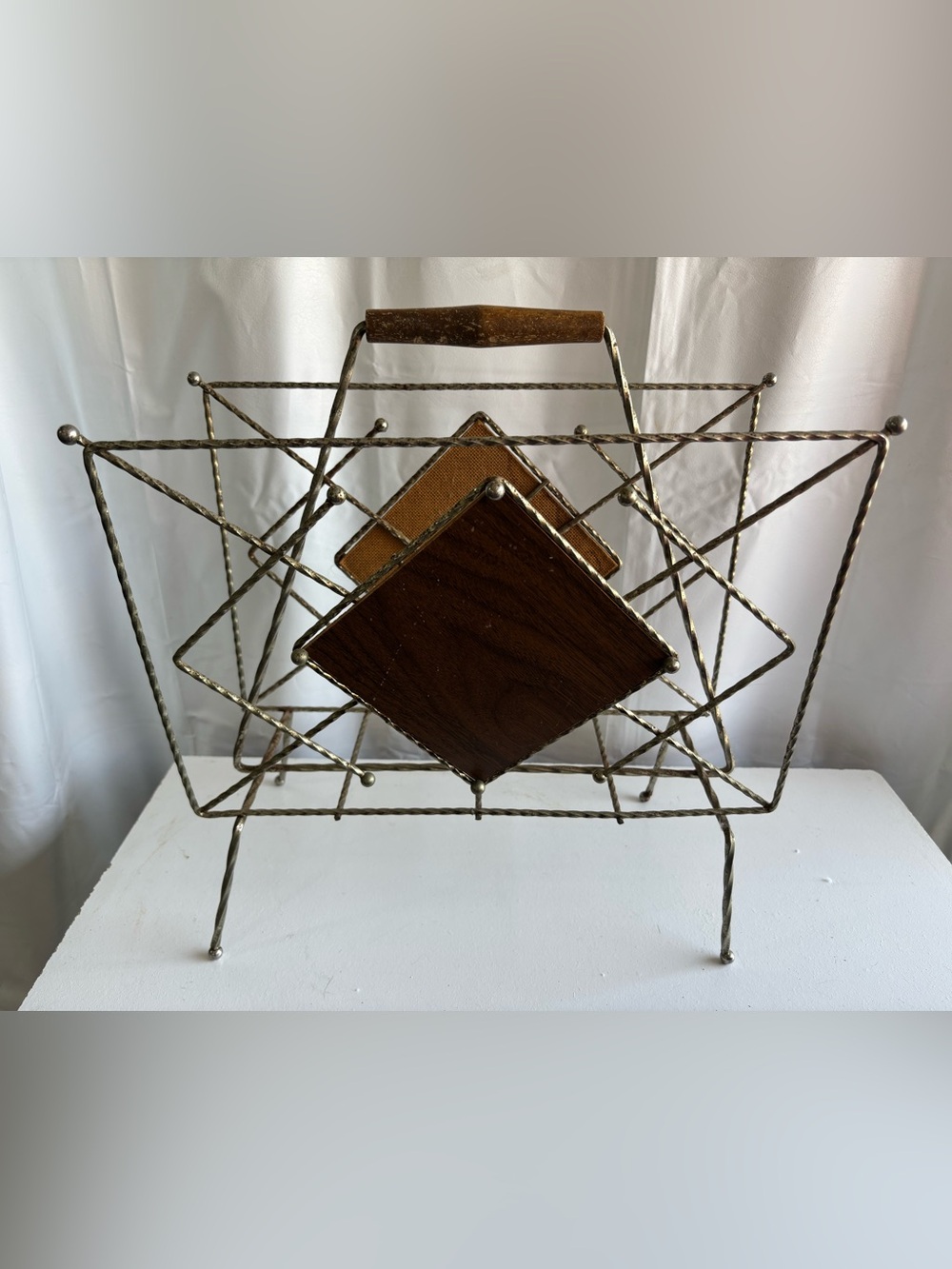 MCM vintage metal wire and wood magazine rack